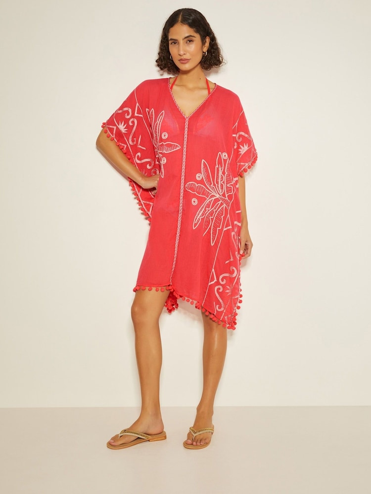 Monsoon Pink Penny Tassel Embroidered 100% Cotton Kaftan - Image 1 of 3