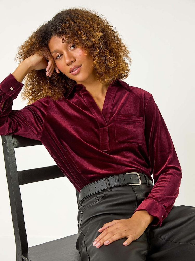 Roman Red Collared Velvet Stretch Shirt - Image 1 of 5