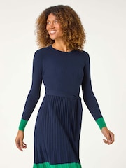 Roman Blue Contrast Border Knitted Stretch Dress - Image 1 of 5