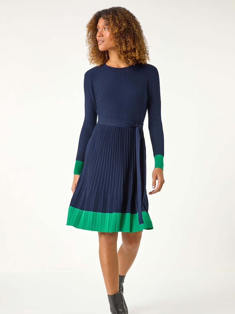 Roman Blue Contrast Border Knitted Stretch Dress - Image 2 of 5