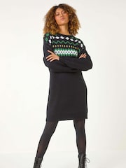 Roman Black Nordic Print Knitted Jumper Dress - Image 1 of 5