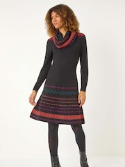 Roman Orange 2-In-1 Nordic Print Scarf Neck Knitted Dress - Image 1 of 5