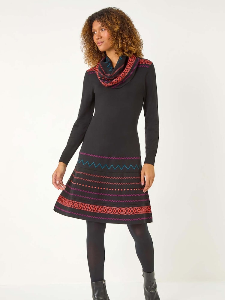 Roman Orange 2-In-1 Nordic Print Scarf Neck Knitted Dress - Image 1 of 5