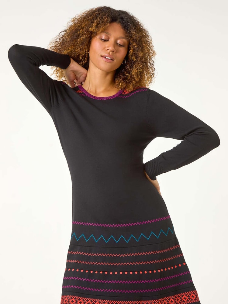 Roman Orange 2-In-1 Nordic Print Scarf Neck Knitted Dress - Image 2 of 5