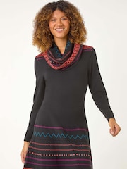 Roman Orange 2-In-1 Nordic Print Scarf Neck Knitted Dress - Image 4 of 5