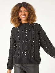Roman Black Diamante Cable Knit Jumper - Image 1 of 5