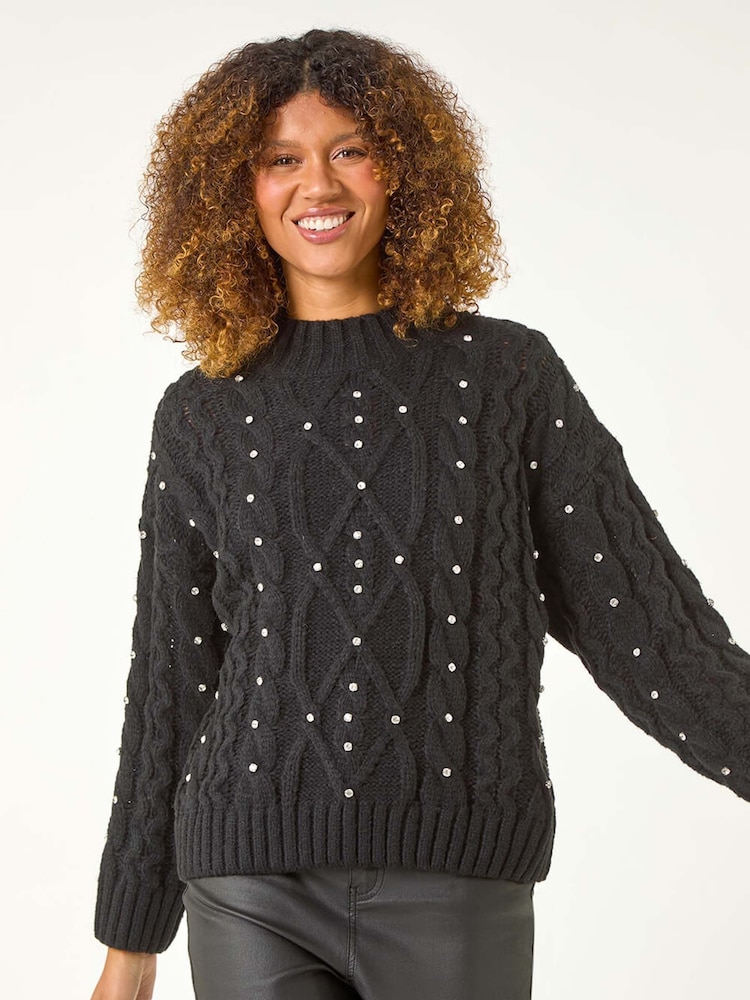 Roman Black Diamante Cable Knit Jumper - Image 1 of 5