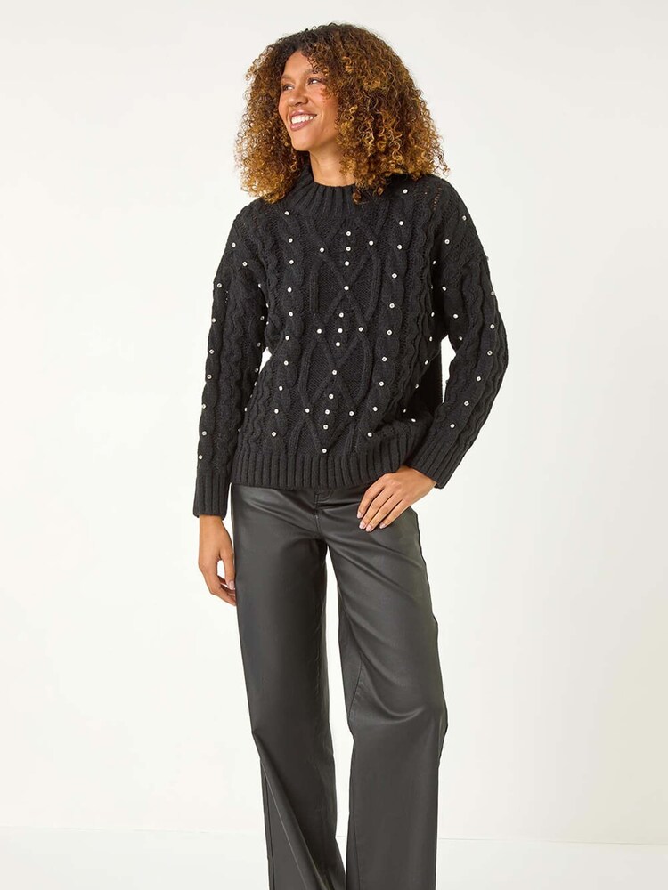 Preto - Roman Diamante em Malha Trançada Jumper - Imagem 2 de 5