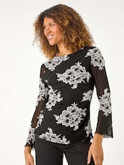 Blusa elástica com estampa floral romana e manga de malha - Imagem 2 de 5