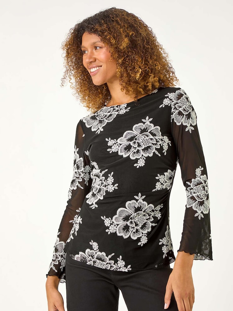 Blusa elástica com estampa floral romana e manga de malha - Imagem 2 de 5