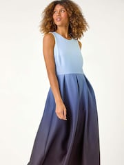 Roman Blue Ombre Pleated Luxe Stretch Midi Dress - Image 1 of 5