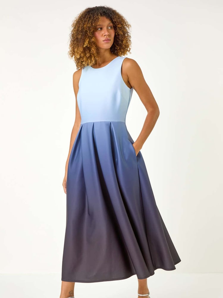 Roman Blue Ombre Pleated Luxe Stretch Midi Dress - Image 3 of 5