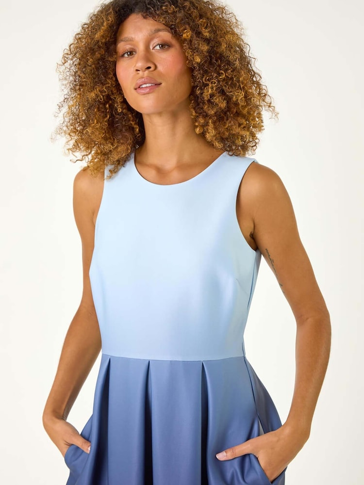 Roman Blue Ombre Pleated Luxe Stretch Midi Dress - Image 4 of 5