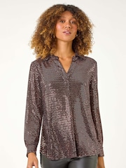 Roman Metallic Sequin Stretch Shirt Top - Image 1 of 5