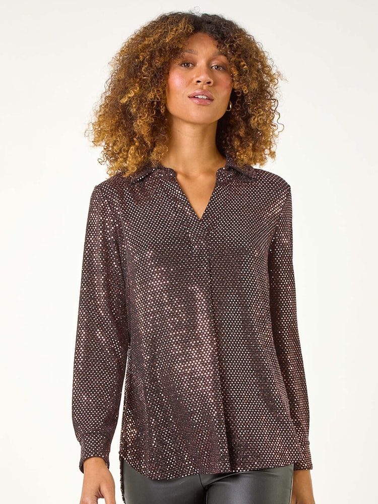 Roman Metallic Sequin Stretch Shirt Top - Image 1 of 5