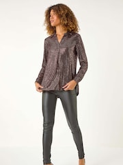 Roman Metallic Sequin Stretch Shirt Top - Image 2 of 5