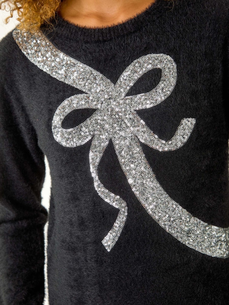 Roman Black Sequin Bow Detail Festive Christmas Jumper - Image 5 of 5