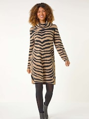 Roman Brown Zebra Print Jacquard Knit Dress - Image 2 of 5