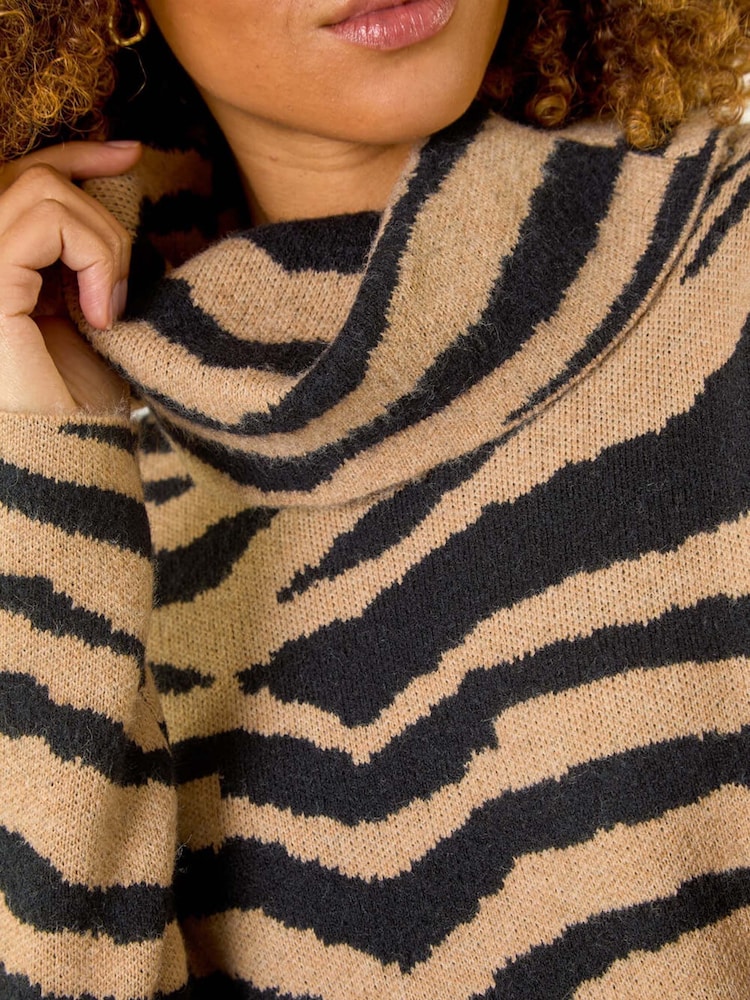 Roman Brown Zebra Print Jacquard Knit Dress - Image 5 of 5