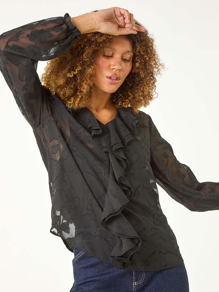 Roman Black Floral Print Ruffle Burnout Top - Image 2 of 5
