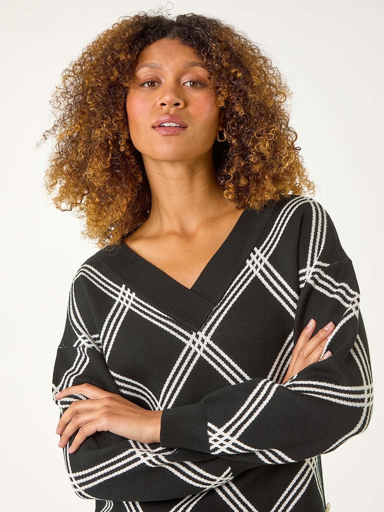Roman Black Check Patterned V-Neck Knit Jumper - Image 1 of 6