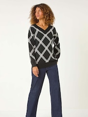 Roman Black Check Patterned V-Neck Knit Jumper - Image 3 of 6