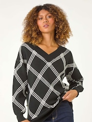Roman Black Check Patterned V-Neck Knit Jumper - Image 5 of 6
