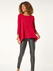 Roman Red Glitter Rose Asymmetric Hem Top - Image 1 of 5