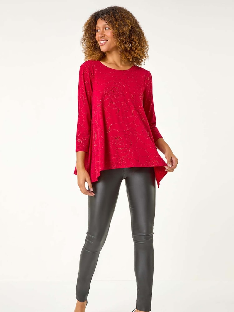 Roman Red Glitter Rose Asymmetric Hem Top - Image 1 of 5
