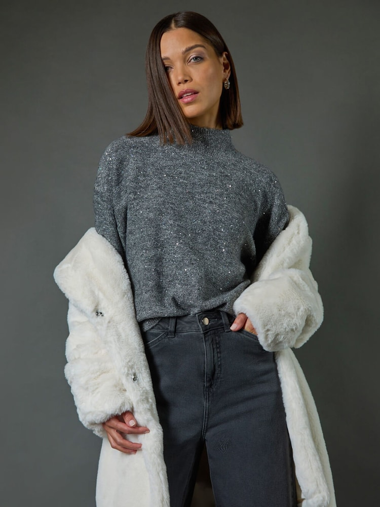 Roman Grey Sequin Detail High Neck Jumper - Image 3 of 9