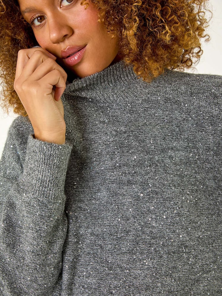 Roman Grey Sequin Detail High Neck Jumper - Image 9 of 9