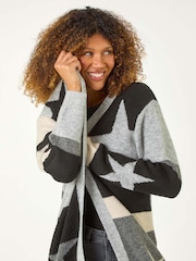 Roman Black Star Print Longline Stretch Cardigan - Image 1 of 5