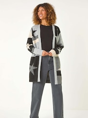 Roman Black Star Print Longline Stretch Cardigan - Image 2 of 5