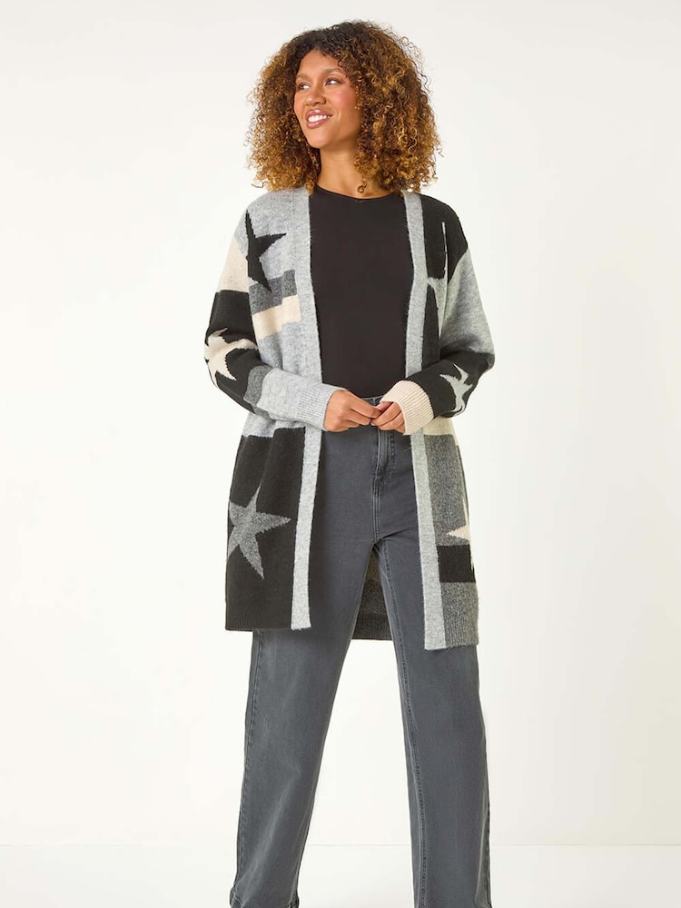 Roman Black Star Print Longline Stretch Cardigan - Image 2 of 5
