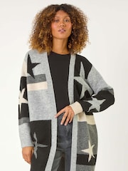 Roman Black Star Print Longline Stretch Cardigan - Image 4 of 5