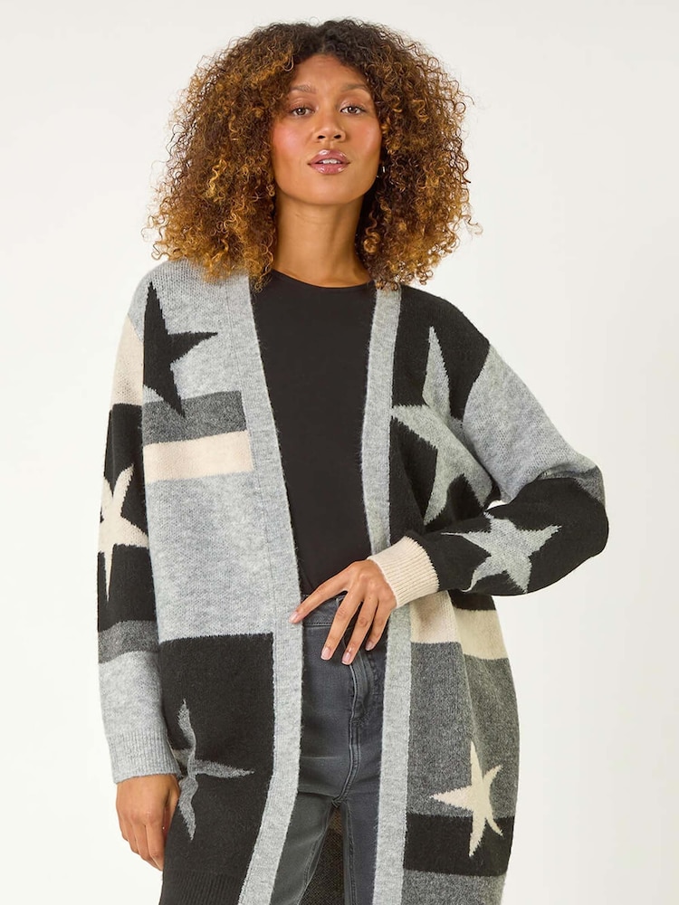 Roman Black Star Print Longline Stretch Cardigan - Image 4 of 5