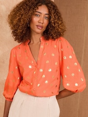 Love & Roses Orange Shell Pie Crust Detail 3/4 Sleeve Blouse - Image 1 of 4