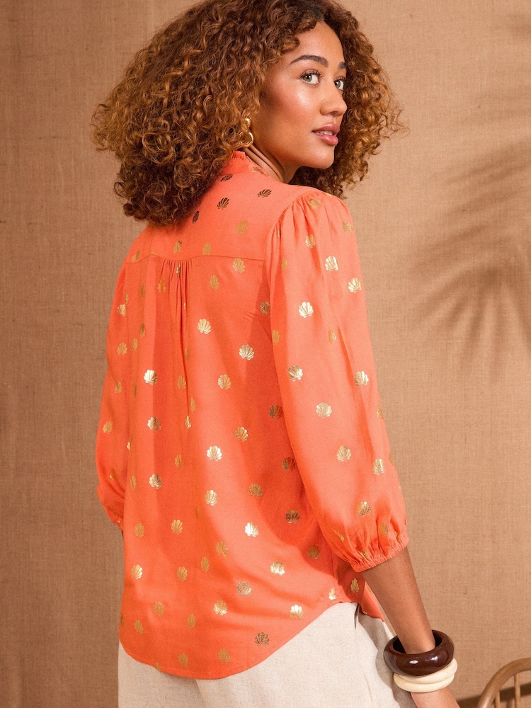 Love & Roses Orange Shell Pie Crust Detail 3/4 Sleeve Blouse - Image 4 of 4