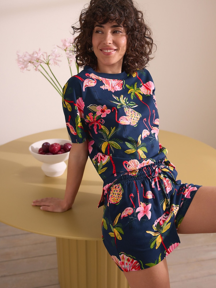 Navy Flamingo Short Pyjamas Set - Image 1 of 9