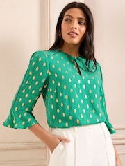 Love & Roses Green Foil 3/4 Flute Sleeve Blouse - Image 1 of 4