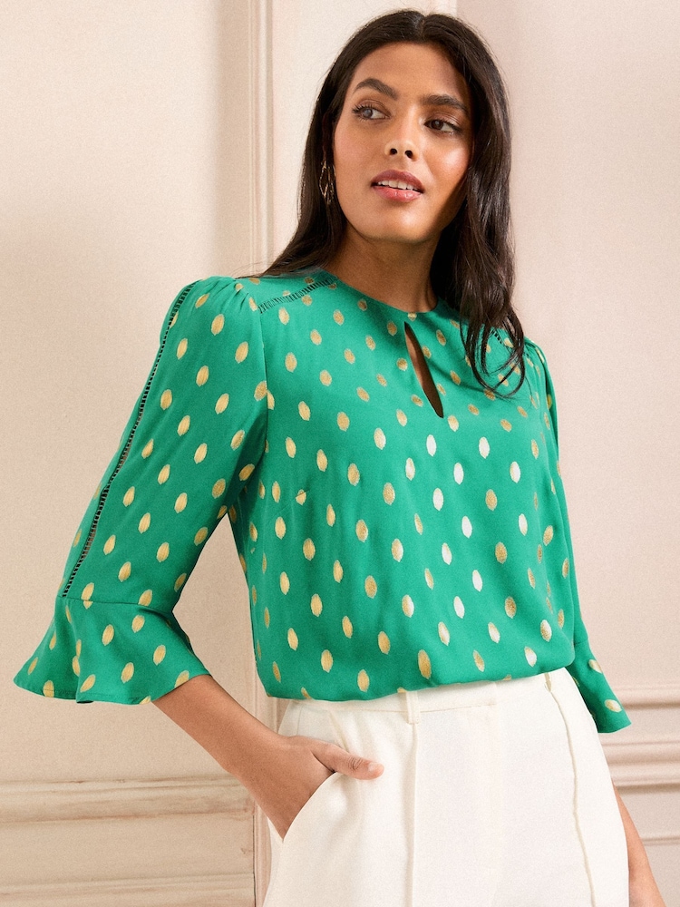 Love & Roses Green Foil 3/4 Flute Sleeve Blouse - Image 1 of 4