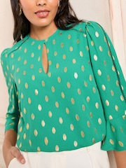 Love & Roses Green Foil 3/4 Flute Sleeve Blouse - Image 2 of 4