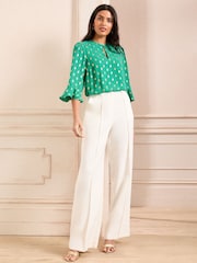 Love & Roses Green Foil 3/4 Flute Sleeve Blouse - Image 3 of 4