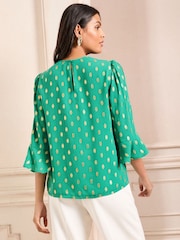 Love & Roses Green Foil 3/4 Flute Sleeve Blouse - Image 4 of 4