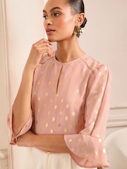 Love & Roses Pink Foil 3/4 Flute Sleeve Blouse - Image 1 of 4