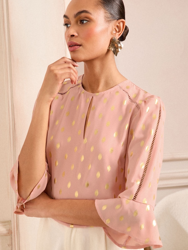 Love & Roses Pink Foil 3/4 Flute Sleeve Blouse - Image 1 of 4