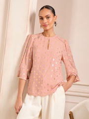 Love & Roses Pink Foil 3/4 Flute Sleeve Blouse - Image 3 of 4