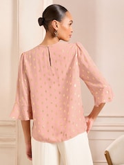 Love & Roses Pink Foil 3/4 Flute Sleeve Blouse - Image 4 of 4