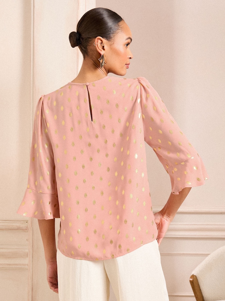 Love & Roses Pink Foil 3/4 Flute Sleeve Blouse - Image 4 of 4