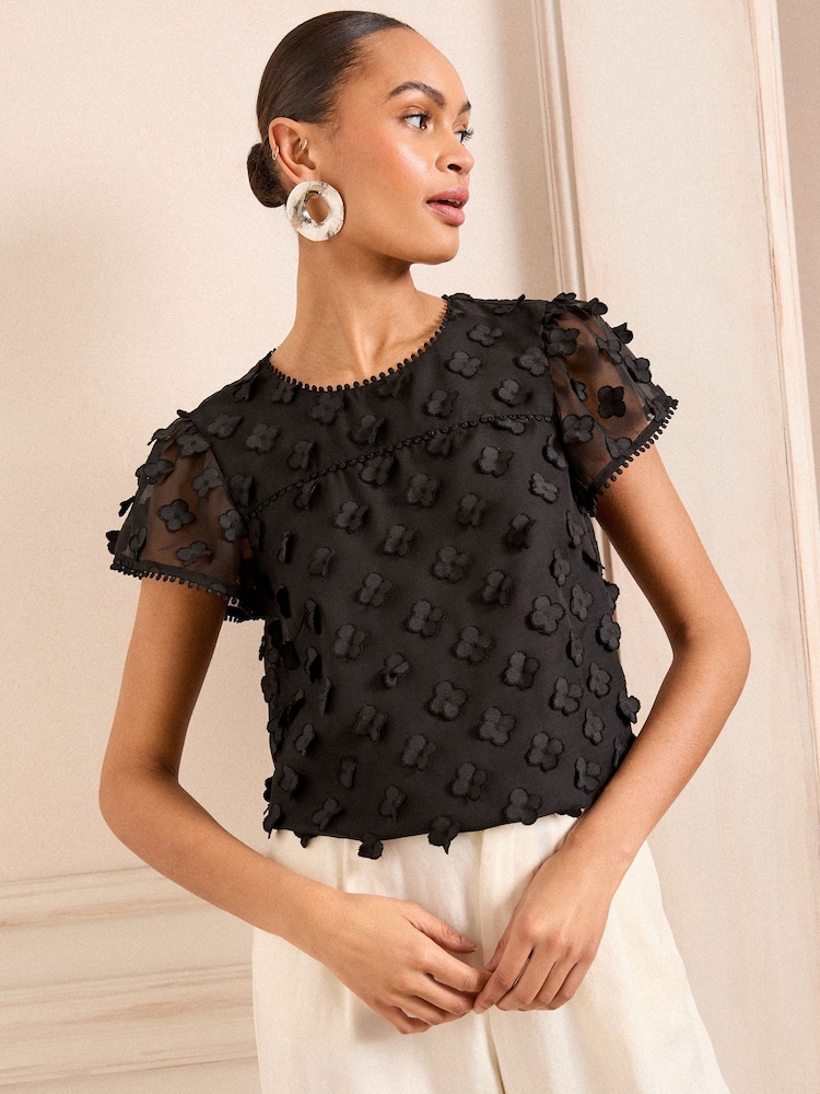 Love & Roses Black 3D Floral Print Short Sleeve Top - Image 1 of 4